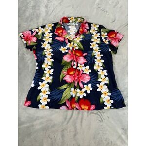 Two Palms Mens Navy Blue Plumeria Orchid Panel Rayon Shirt Size Small